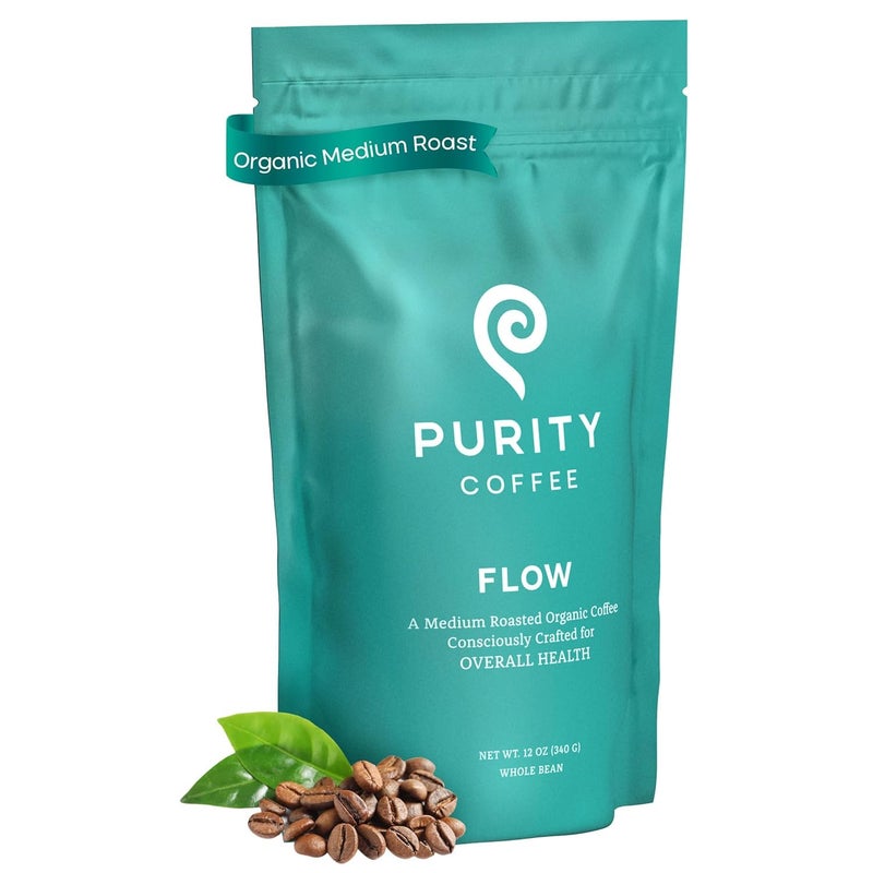 Purity Coffee FLOW Medium Roast Organic Coffee - USDA Certified Organic Specialty Grade Arabica Whole Bean Coffee - Third Party Tested for Mold, Mycotoxins and Pesticides - 12 oz Bag - Image 1